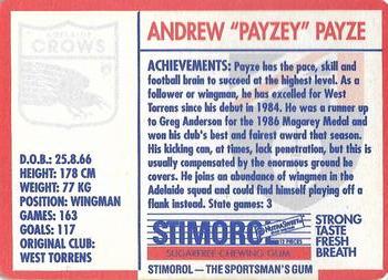 1991 Scanlens Stimorol #160 Andrew Payze Back